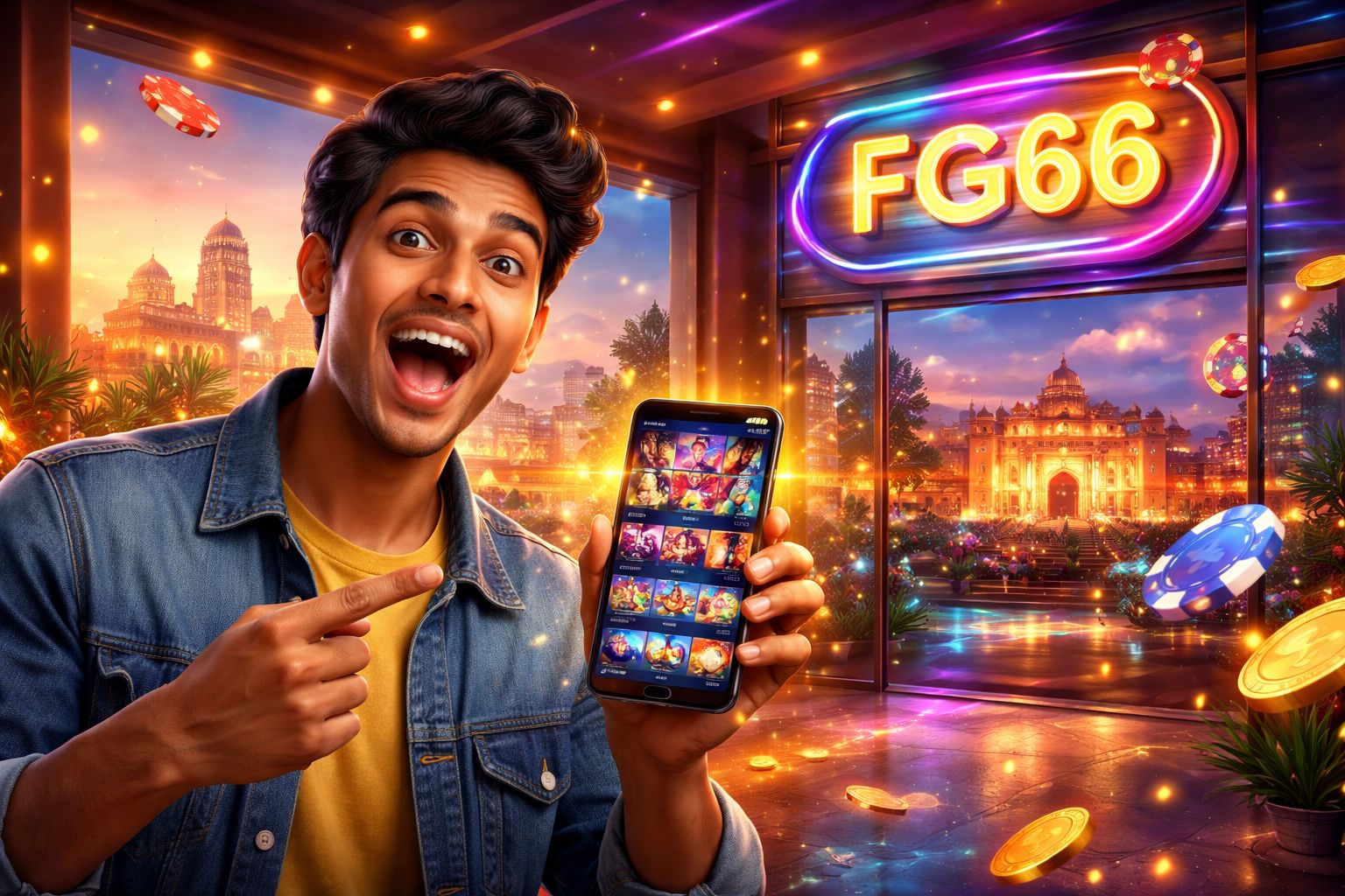 Enthusiastic Bangladeshi gamer showcasing the FG66 casino lobby on a sleek device surrounded by vibrant gaming elements and golden chip stacks
