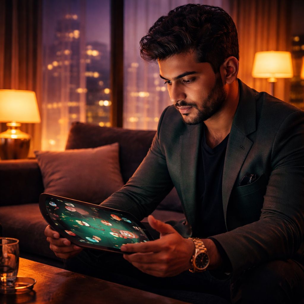 Stylish Bangladeshi player immersed in an upscale virtual poker environment with floating chips and cards illustrating the premium FG66 experience