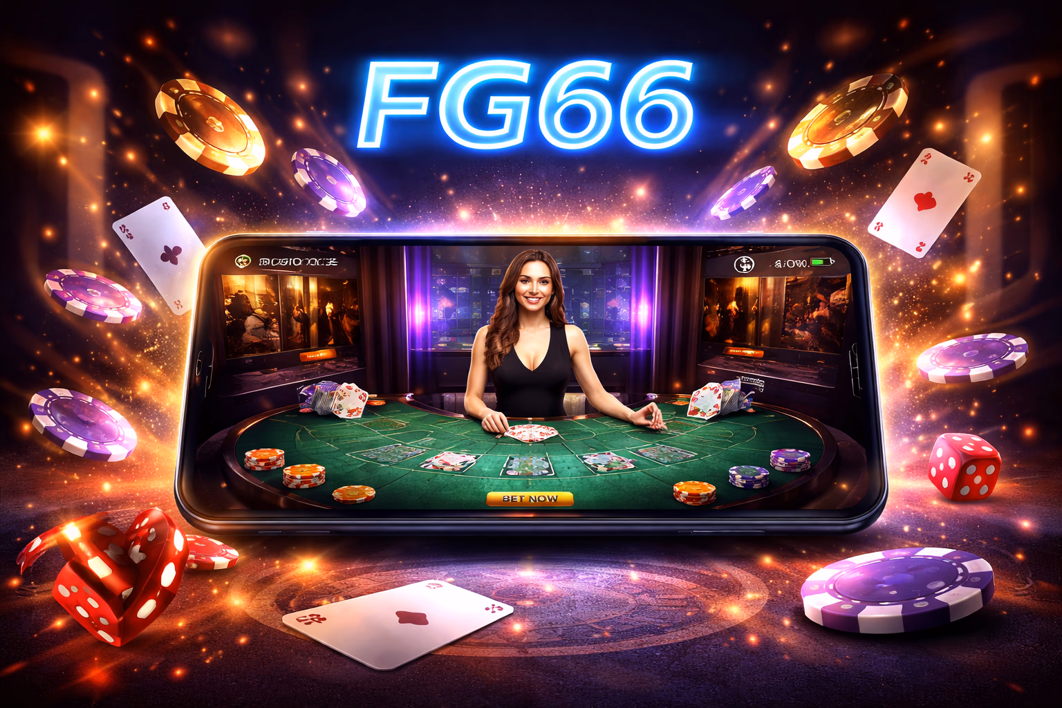 Confident Bangladeshi gamer navigating the FG66 app interface on a sleek smartphone with casino elements glowing around