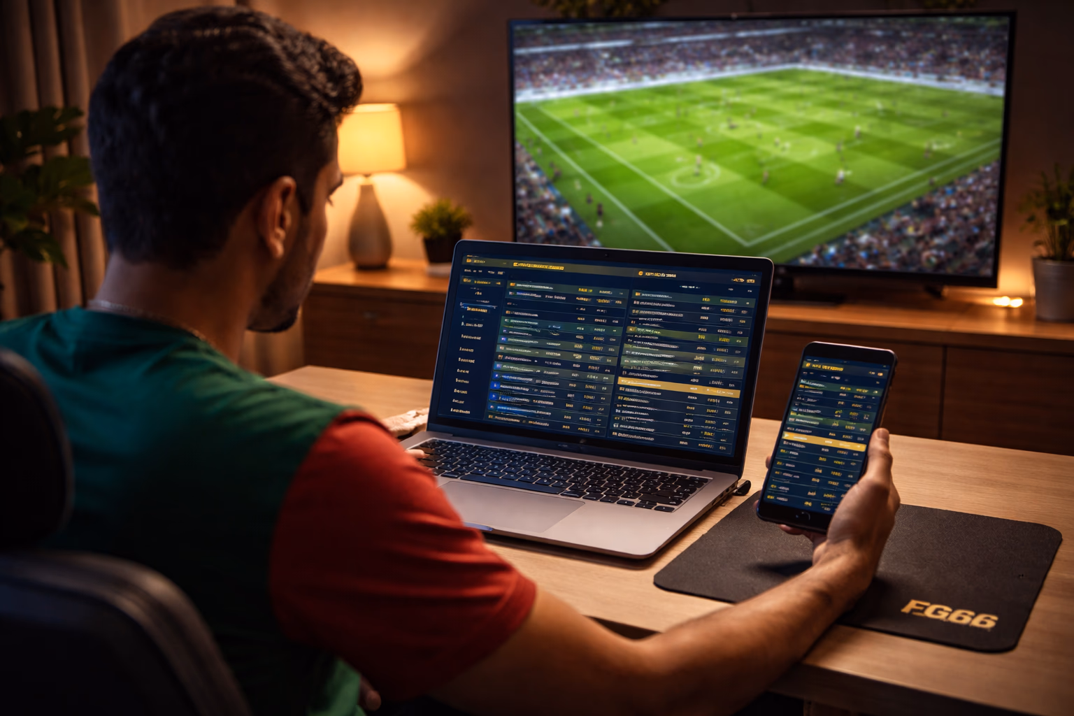 Bangladeshi sports fan analyzing live football and cricket betting lines on a laptop using the FG66 platform in a comfortable home setting