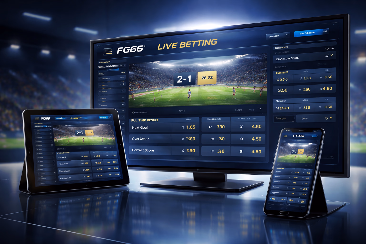 Focused Bangladeshi punter placing in-play cricket bets on a tablet and monitoring live football scores on a secondary screen through FG66