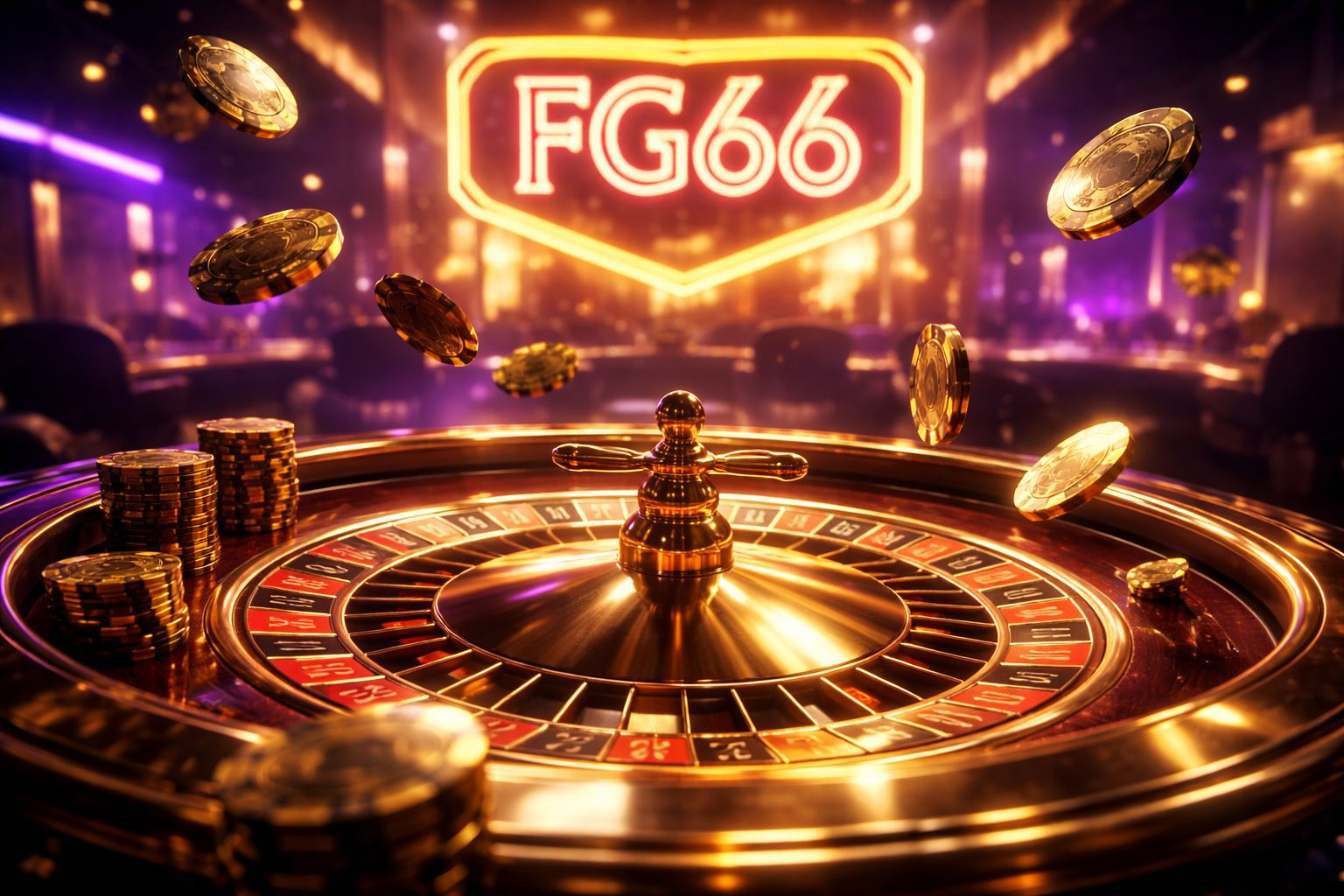 Dazzling virtual roulette wheel spinning with golden chips floating around a glowing screen displaying the FG66 Casino experience in Bangladesh
