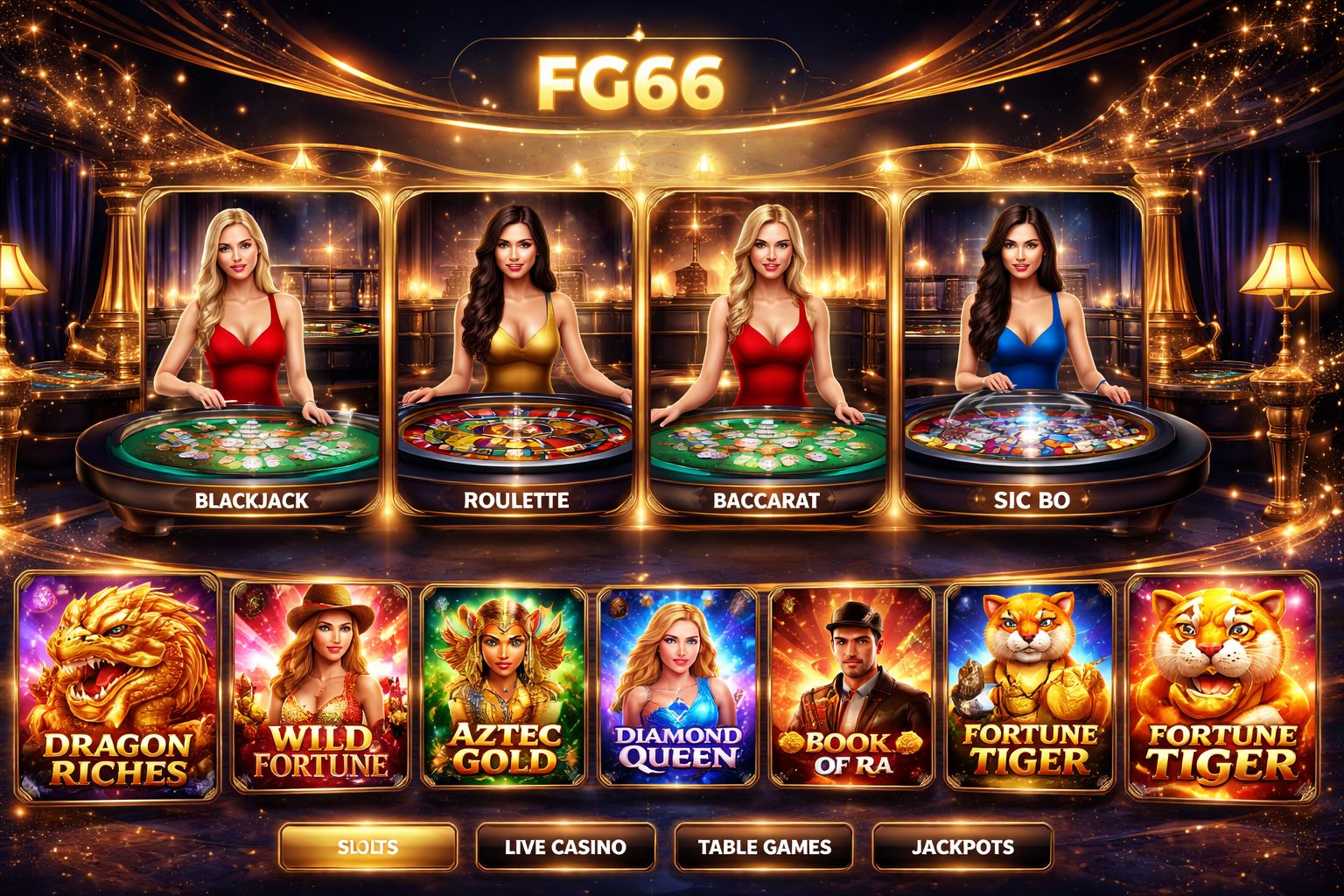 Confident live casino host standing beside a luxurious roulette table surrounded by glowing golden accents representing the trusted and elite gaming environment of FG66 Casino in Bangladesh
