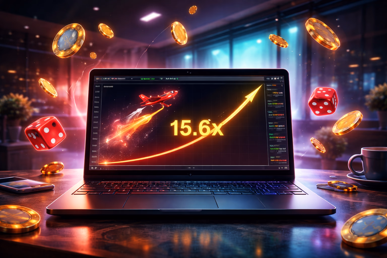 Desktop monitor displaying the FG66 Aviator crash game interface surrounded by glowing betting chips and a spinning fortune wheel in a dynamic digital casino scene
