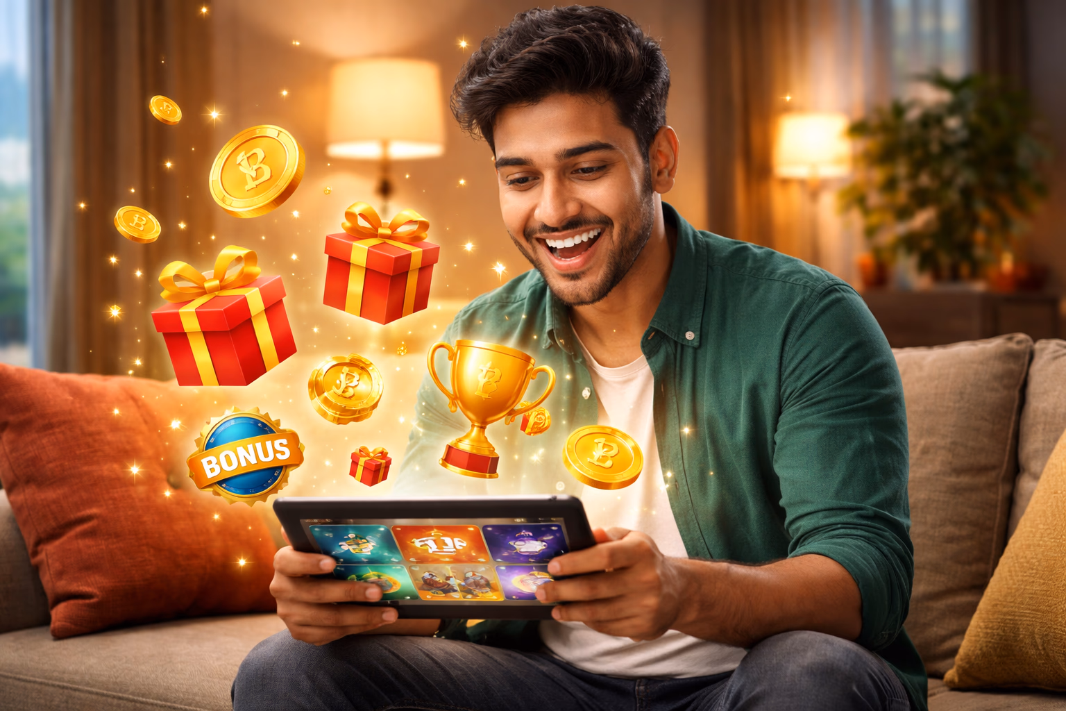 Enthusiastic Bangladeshi gamer celebrating while browsing the FG66 account dashboard surrounded by floating bonus icons and vibrant reward symbols